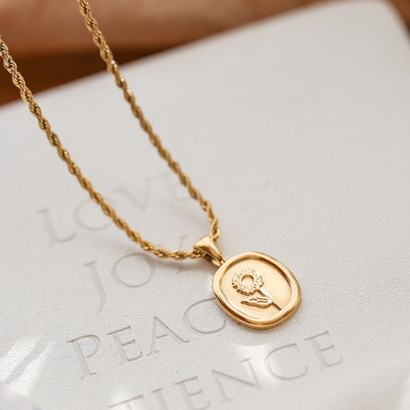 Wholesale Small Square Brand Flower Sunflower Titanium Steel Necklaces